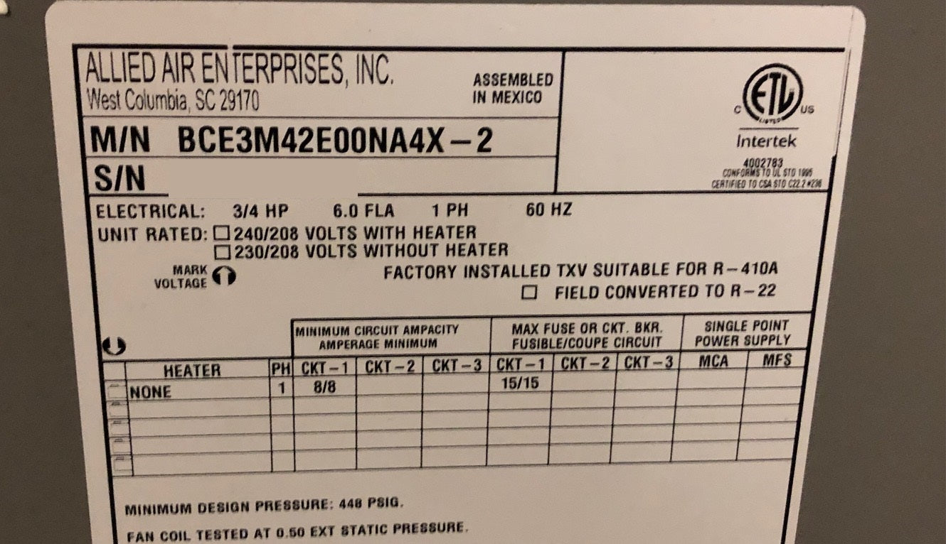 3-1/2 TON AC/HP CONSTANT TORQUE UPFLOW/HORIZONTAL FANCOIL, 208-240/60/1 R-410A CFM:1600