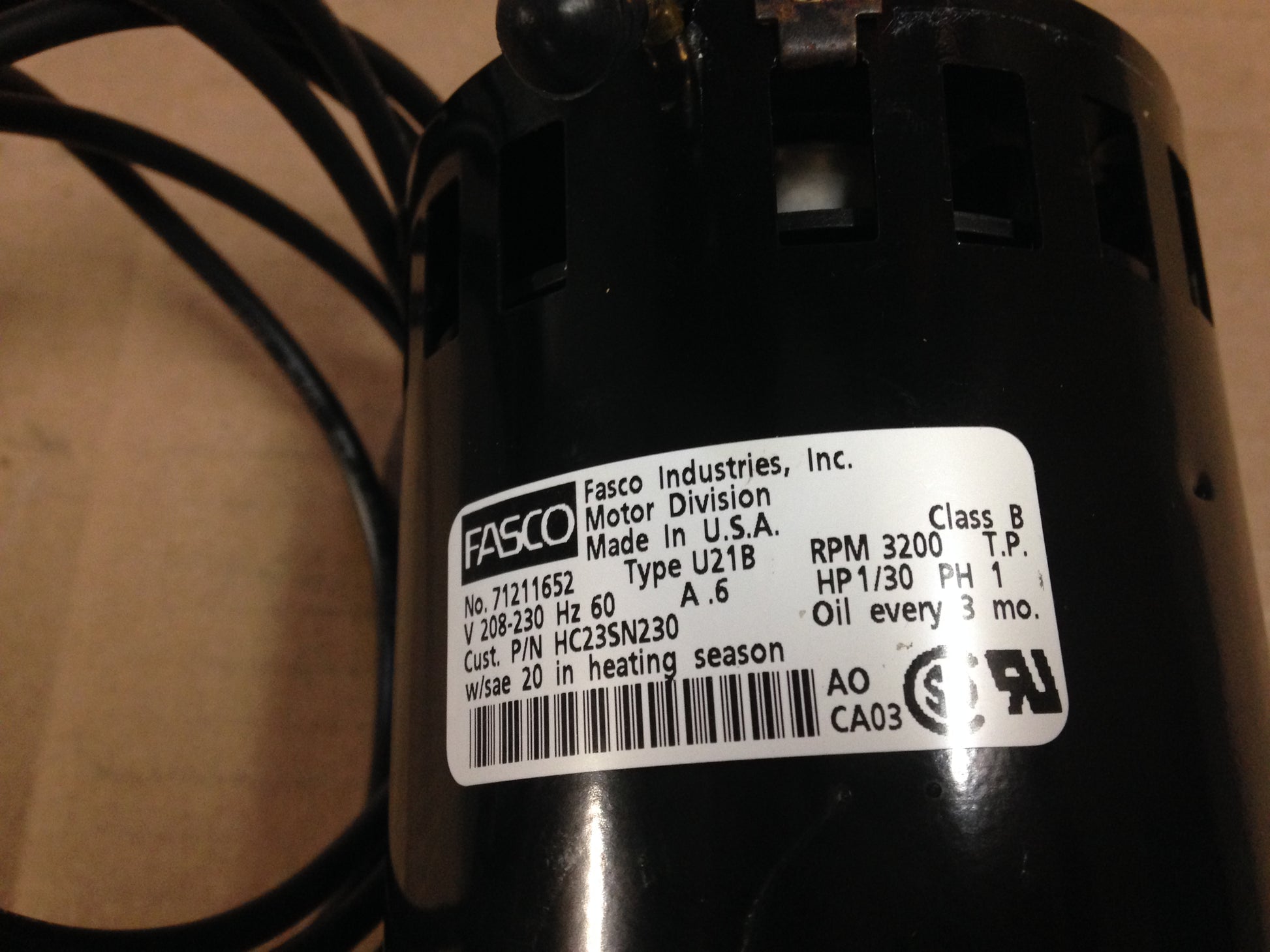 1/30 HP DRAFT INDUCER MOTOR, 208-230/60/1, 1 SPEED, RPM 3200