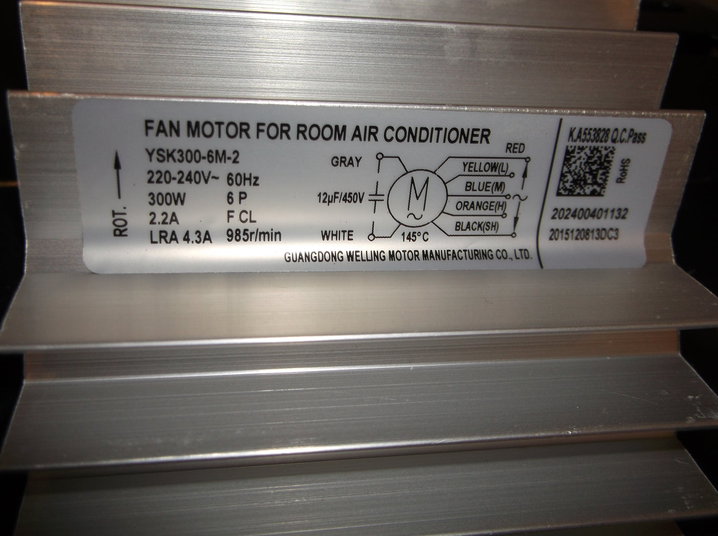 300 WATT FAN MOTOR FOR ROOM AIR CONDITIONER 220-240/60/1 RPM:985