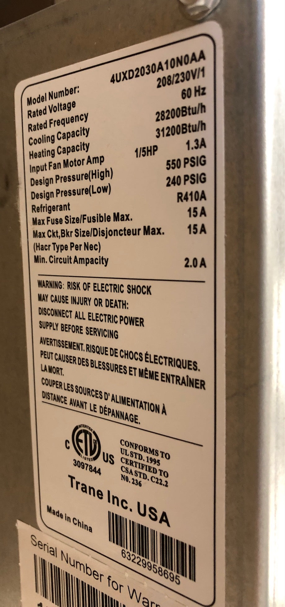 30,000 BTU INDOOR DUCTED CEILING MOUNT SPLIT-SYSTEM HEAT PUMP, 20 SEER 208-230/60/1 R-410A CFM:1000