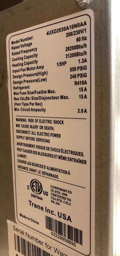 30,000 BTU INDOOR DUCTED CEILING MOUNT SPLIT-SYSTEM HEAT PUMP, 20 SEER 208-230/60/1 R-410A CFM:1000