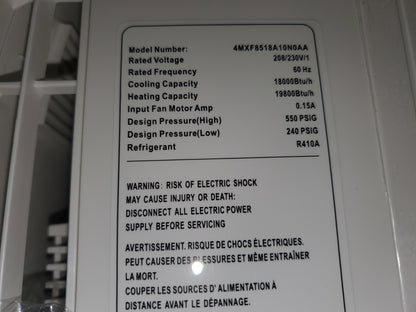 18,000 BTU CONSOLE INDOOR MINI-SPLIT HEAT PUMP UNIT, 208-230/60/1 R-410A