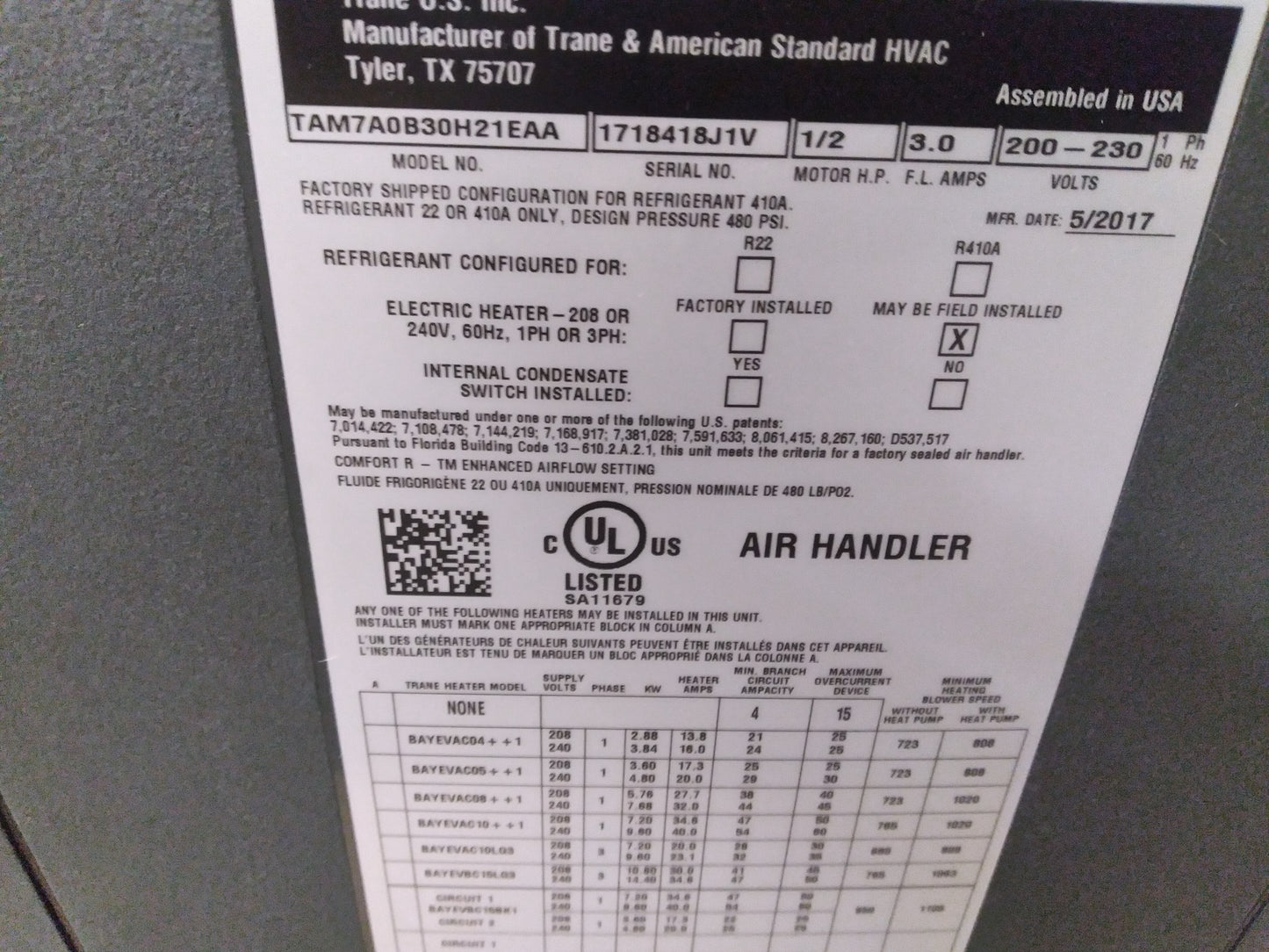 2-1/2 TON AC/HP MULTIPOSITION VARIABLE SPEED FANCOIL WITH COMFORT-R ENHANCED MODE, 21.5 SEER, 208/230-60-1, R410A