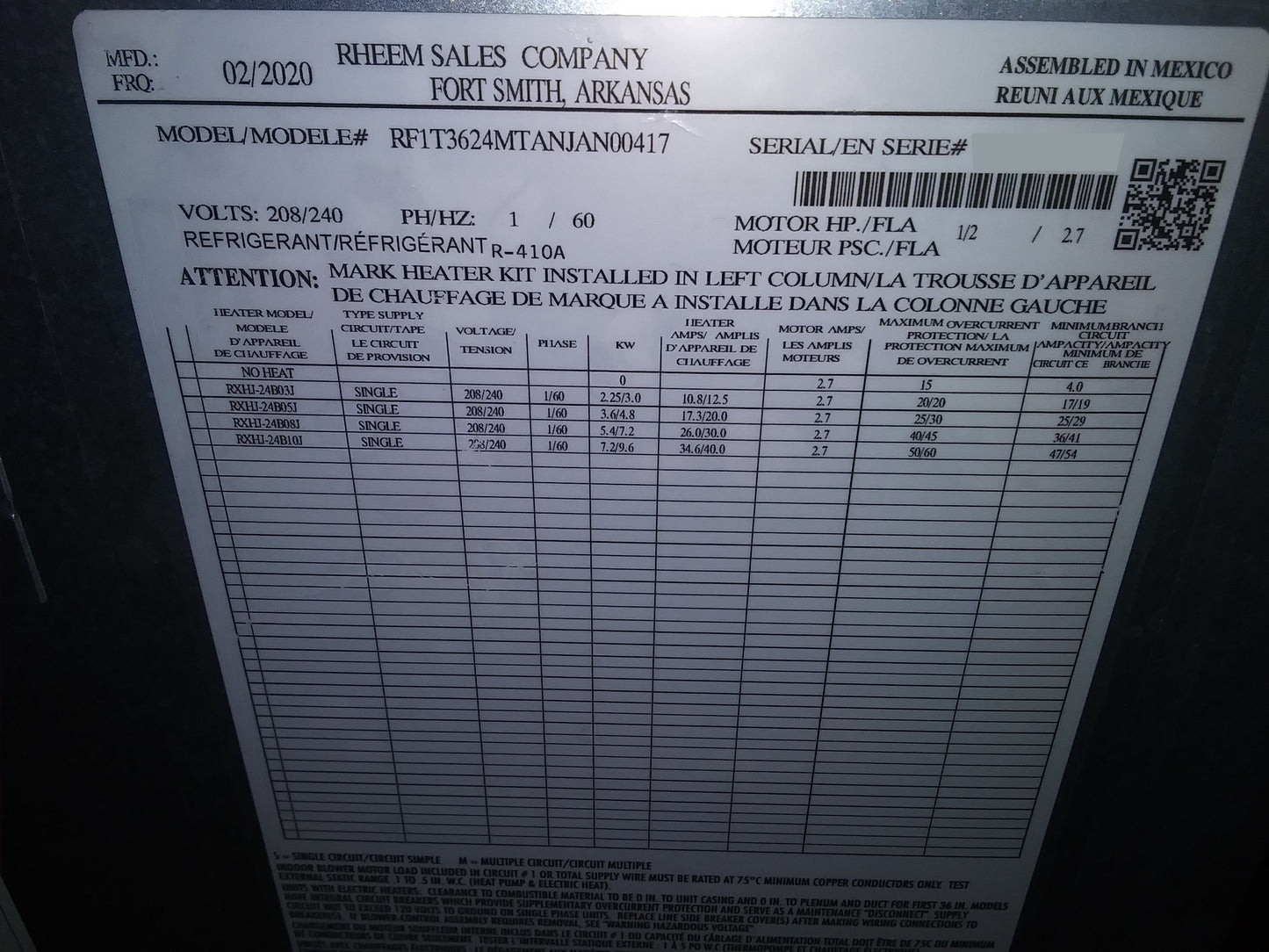 3 TON AC/HP UPFLOW FRONT RETURN ECM FANCOIL WITH OPTION CODE 417 208-240/60/1 R-410A CFM 1000-1200