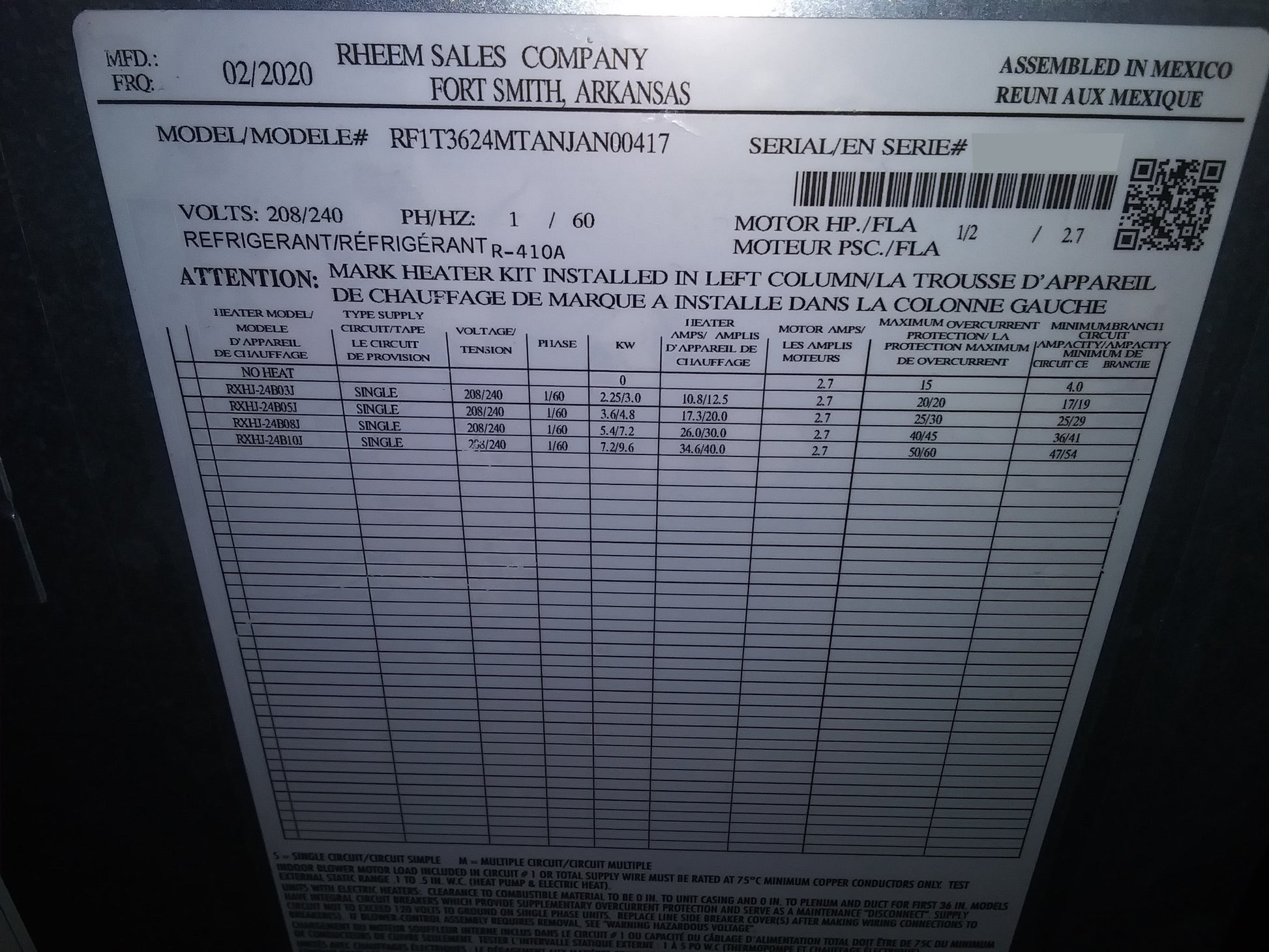 3 TON AC/HP UPFLOW FRONT RETURN ECM FANCOIL WITH OPTION CODE 417 208-240/60/1 R-410A CFM 1000-1200