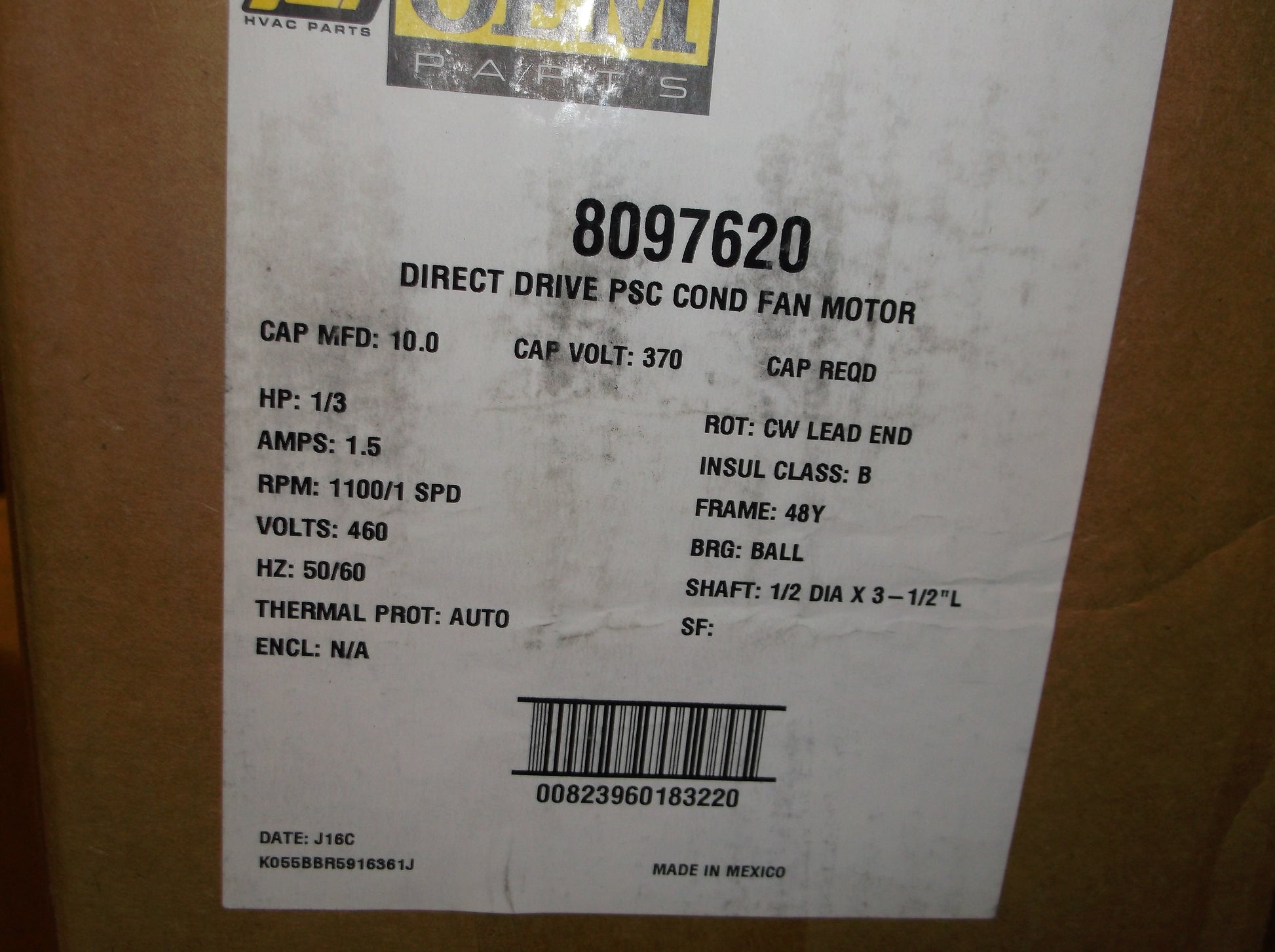 1/3B HP CONDENSER FAN MOTOR   460/50-60/1   RPM:1100/1-SPEED