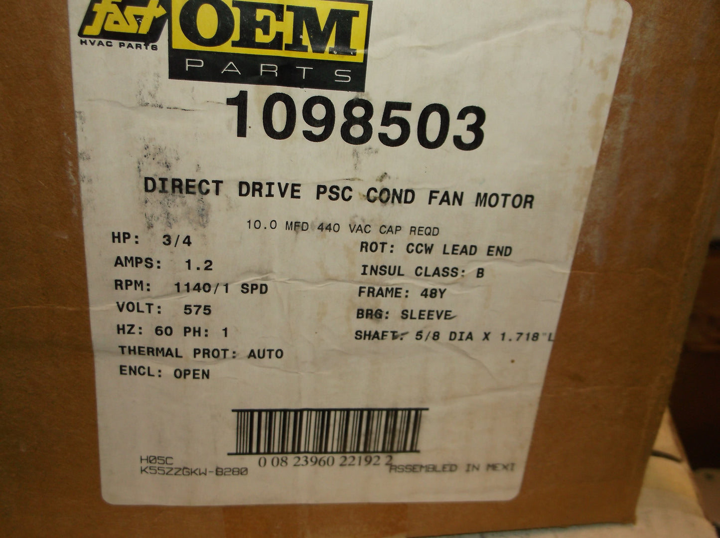 3/4HP CONDENSER FAN MOTOR   575/60/1   RPM:1140/1-SPEED