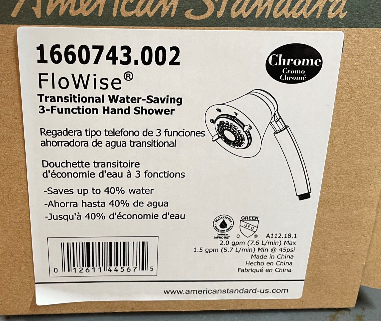 "FLOWISE" CHROME TRANSITIONAL WATER-SAVING 3-FUNCTION HAND SHOWER,