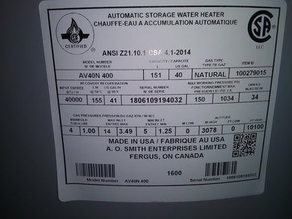 40 GALLON "JOHN WOOD PROLINE" COMMERCIAL GRADE ATMOSPHERIC VENT NATURAL GAS WATER HEATER, 120/60/1