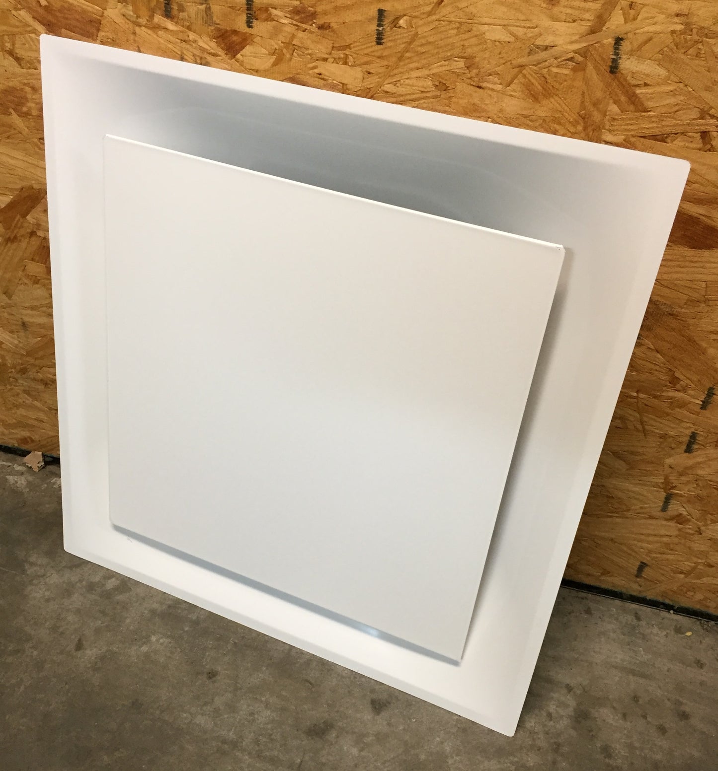 24x24x14 T1100 Ceiling Diffuser, Square, Architectural Plaque, Steel, Painted white (WH) finish, 14" neck