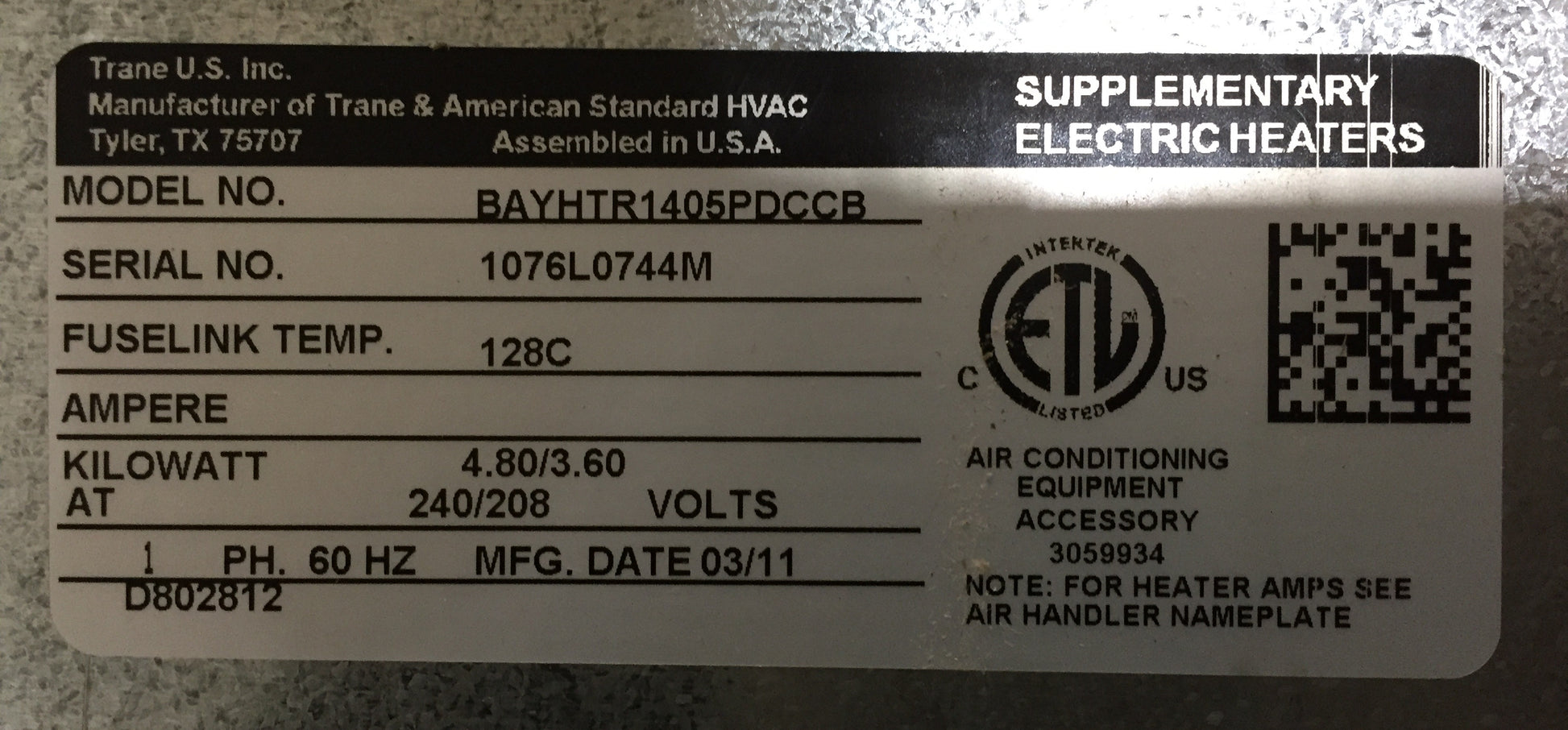 5 KW ELECTRIC HEAT KIT W/ RECESSED BREAKER 208-240/60/1