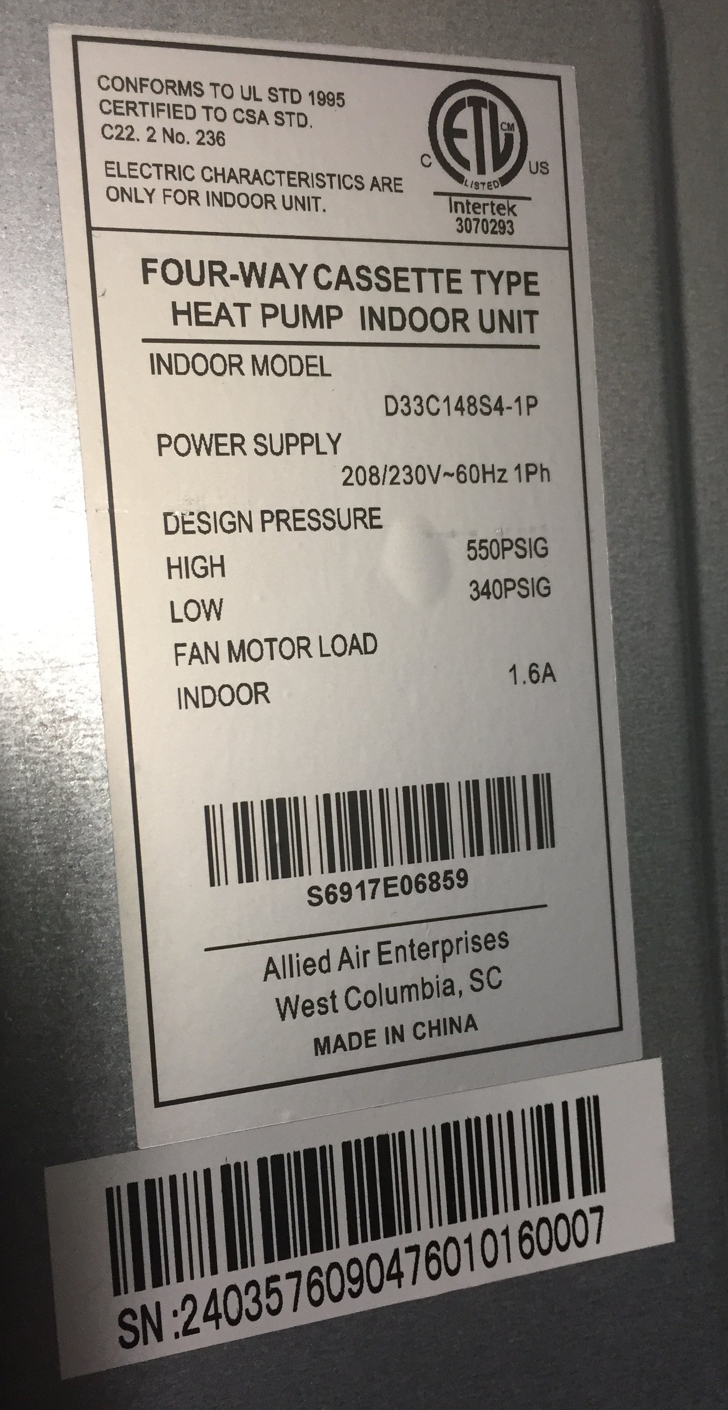 48,000 BTU 3X3 CEILING CASSETTE INDOOR DUCTLESS MINI-SPLIT HEAT PUMP, 4 TON, 16.8 SEER 208-230/60/1 R-410A