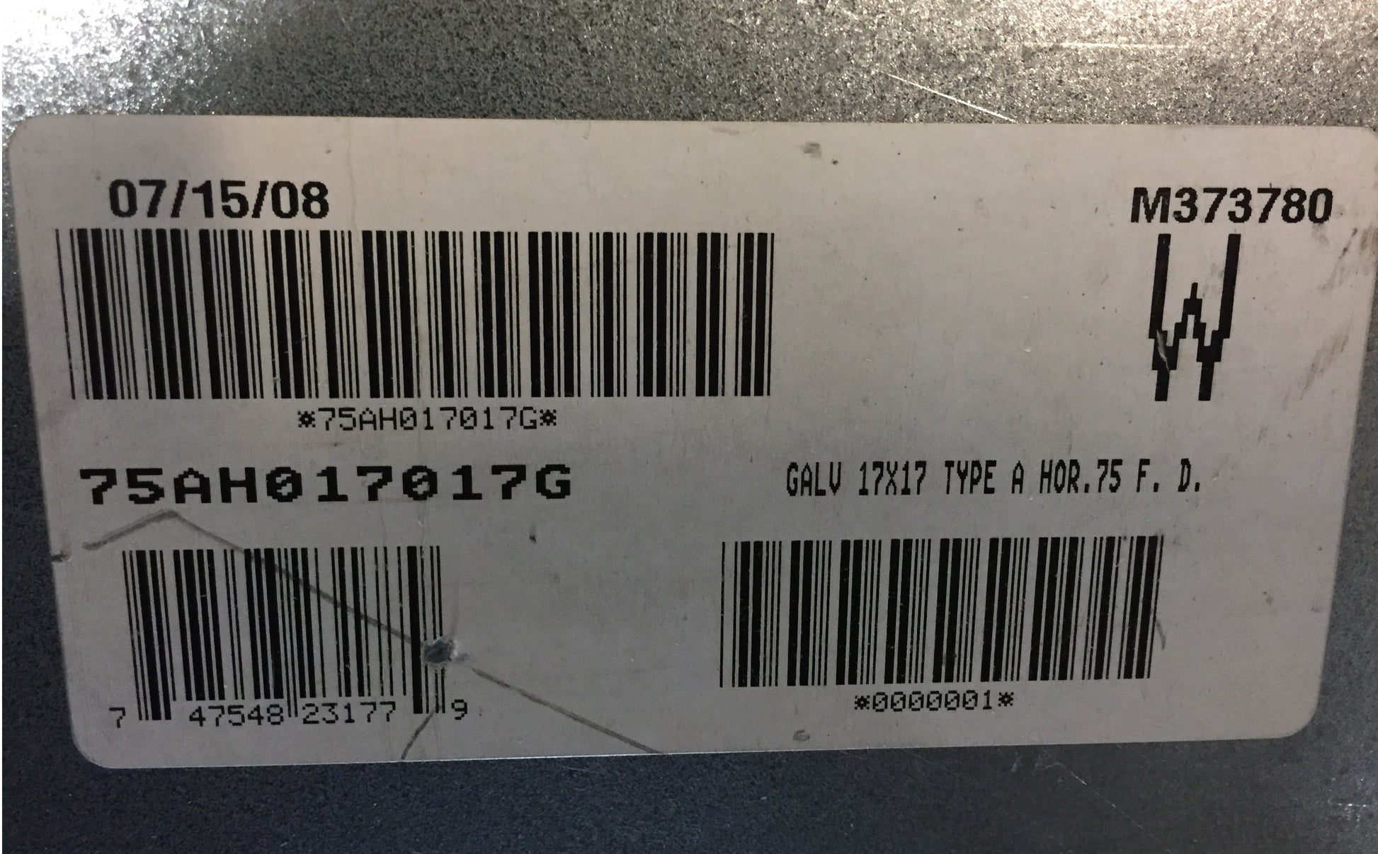 17" X 17" X 8" FIRE DAMPER FOR USE IN STATIC SYSTEMS FIRE RESISTANT RATING 1-1/2 HOUR