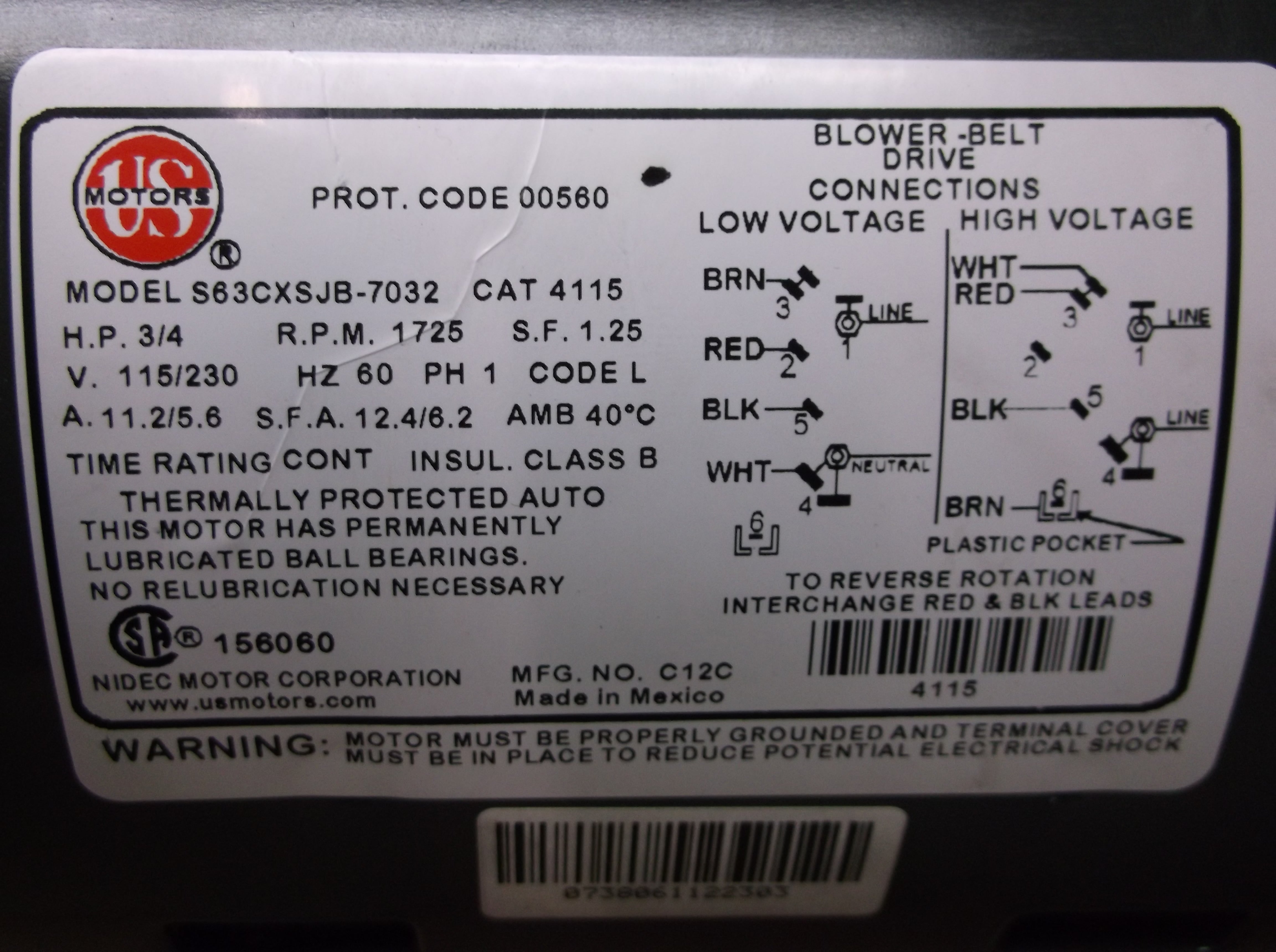 ハレルヤページ 3/4HP Belt Drive Blower Motor 115-230/60/1 RPM:1725/1-Speed