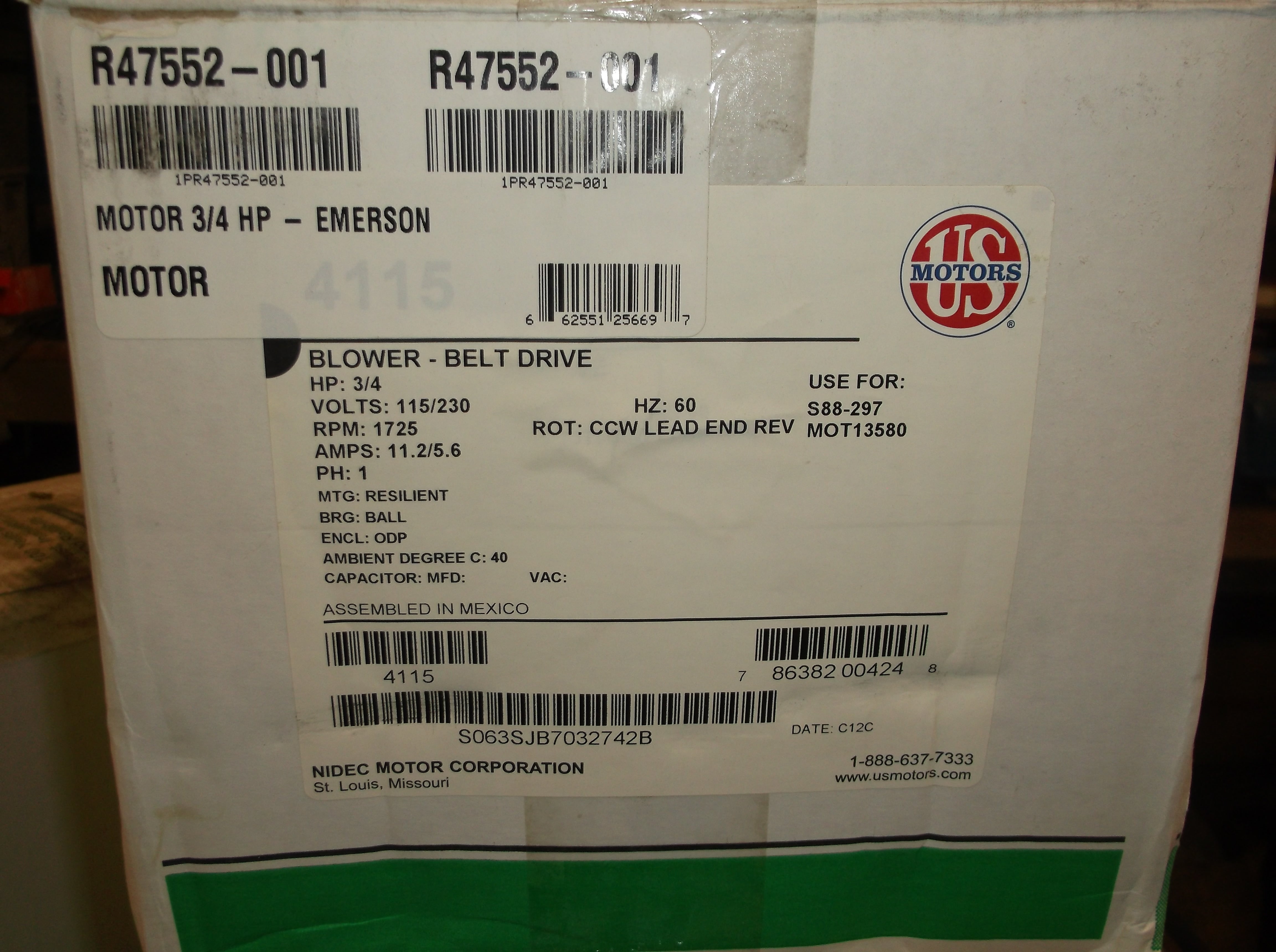 3/4HP Belt Drive Blower Motor 115-230/60/1 RPM:1725/1-Speed