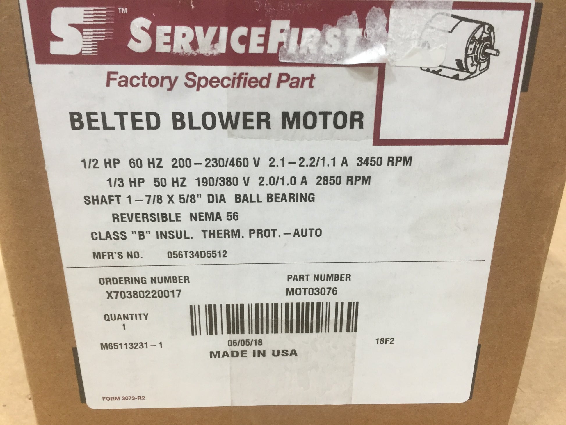 1/3-1/2 HP BLOWER MOTOR 200-230/460/60/3-190/380/50/3 2850-3450 RPM 1 SPEED