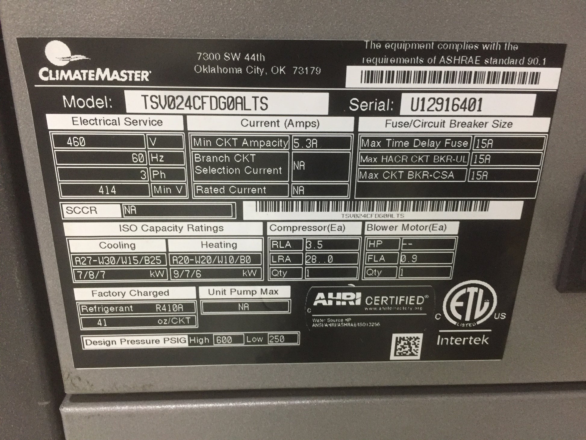 2 TON "TS" SERIES VERTICAL GEOTHERMAL INDOOR HEAT PUMP WITH PSC MOTOR, 16.9-26.4 EER 460/60/3 R-410A