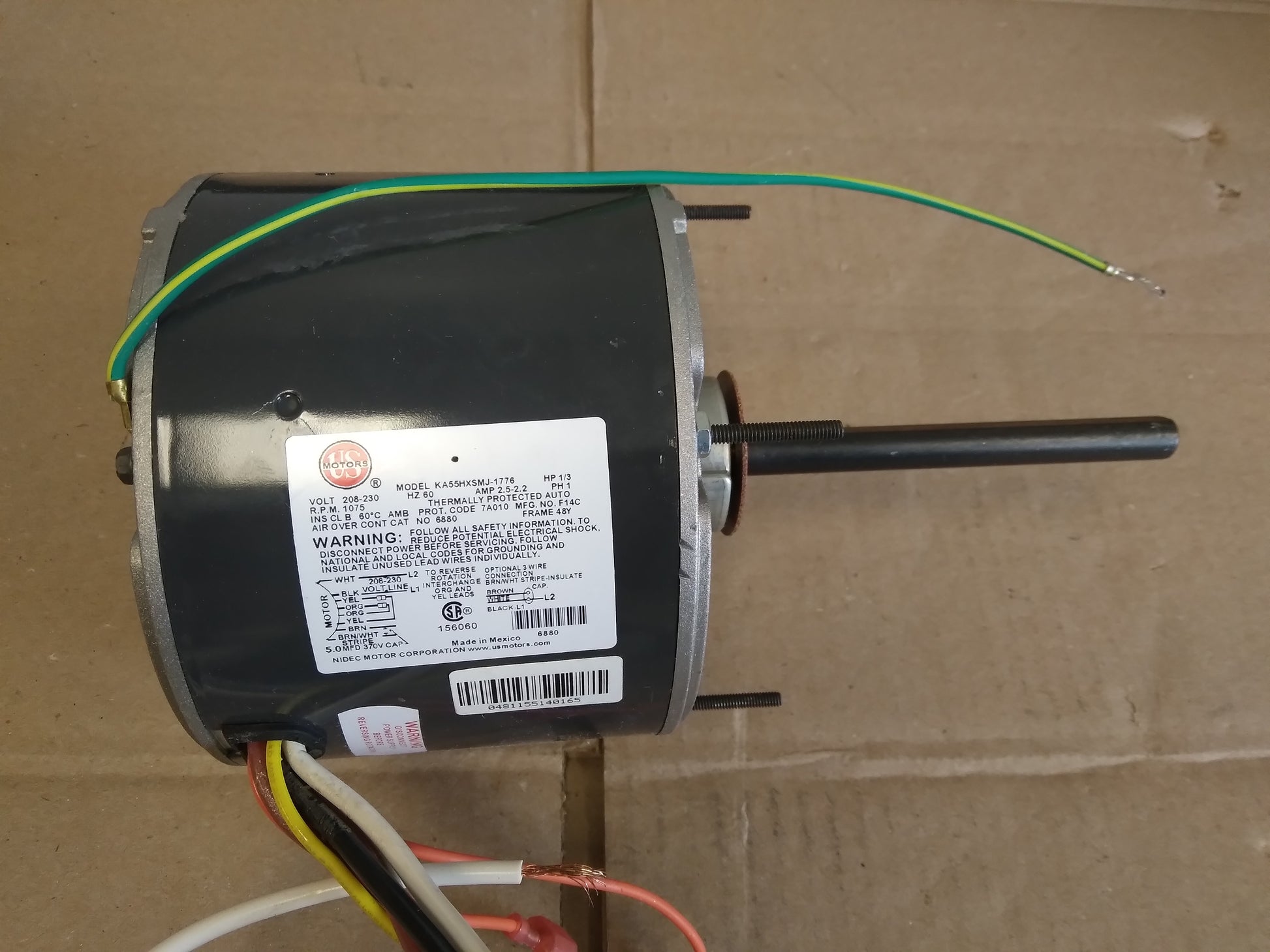 1/3 HP REVERSIBLE SINGLE SHAFT ELECTRIC MOTOR 208-230/60/1 1075 RPM 2.2-2.5 AMPS