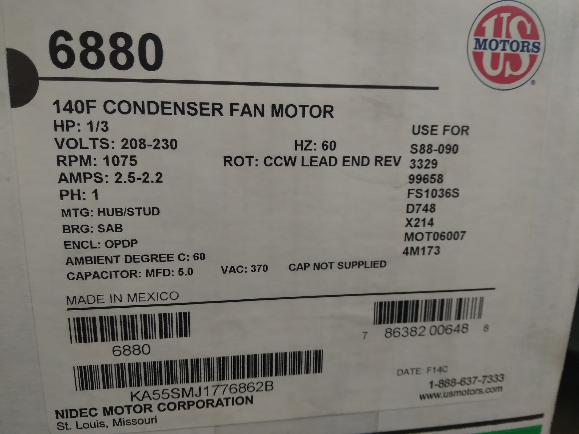 1/3 HP REVERSIBLE SINGLE SHAFT ELECTRIC MOTOR 208-230/60/1 1075 RPM 2.2-2.5 AMPS