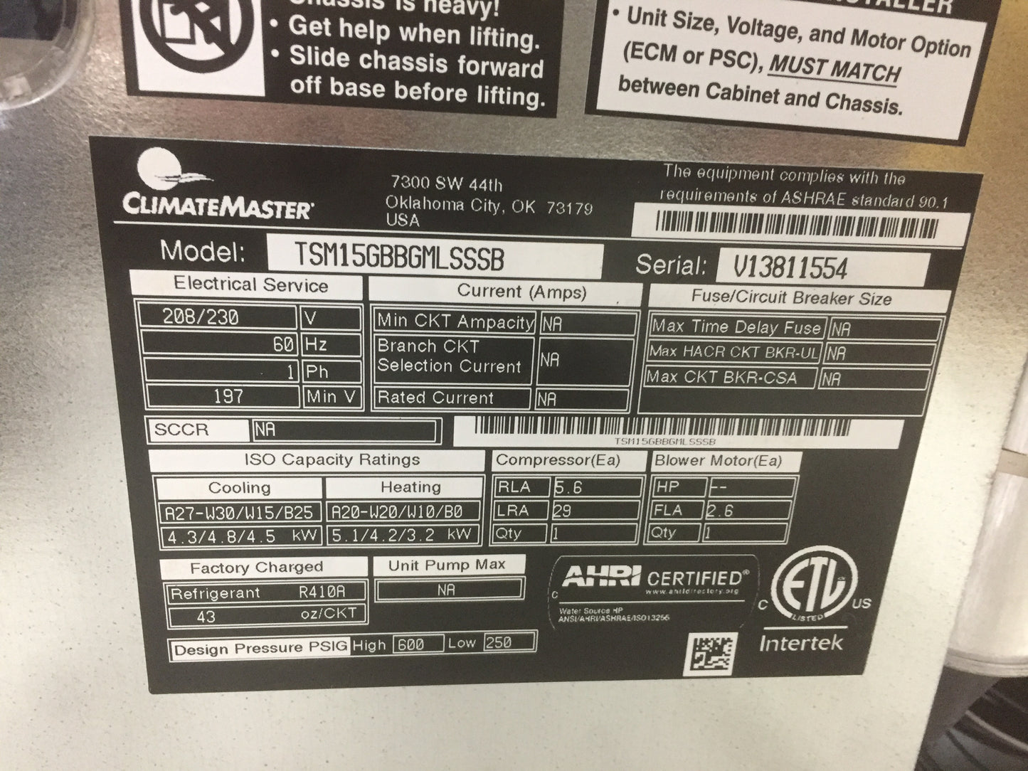 1 1/4 TON "TSM" SERIES VERTICAL STACK GEOTHERMAL HEAT PUMP WITH ECM MOTOR, 13.3-15.6 EER 208-230/60/1 R-410A