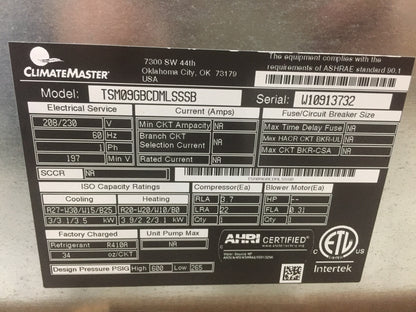 9000 BTU "TSM" SERIES VERTICAL STACK GEOTHERMAL HEAT PUMP WITH ECM MOTOR, 13.5-14.9 EER 208-230/60/1 R-410A