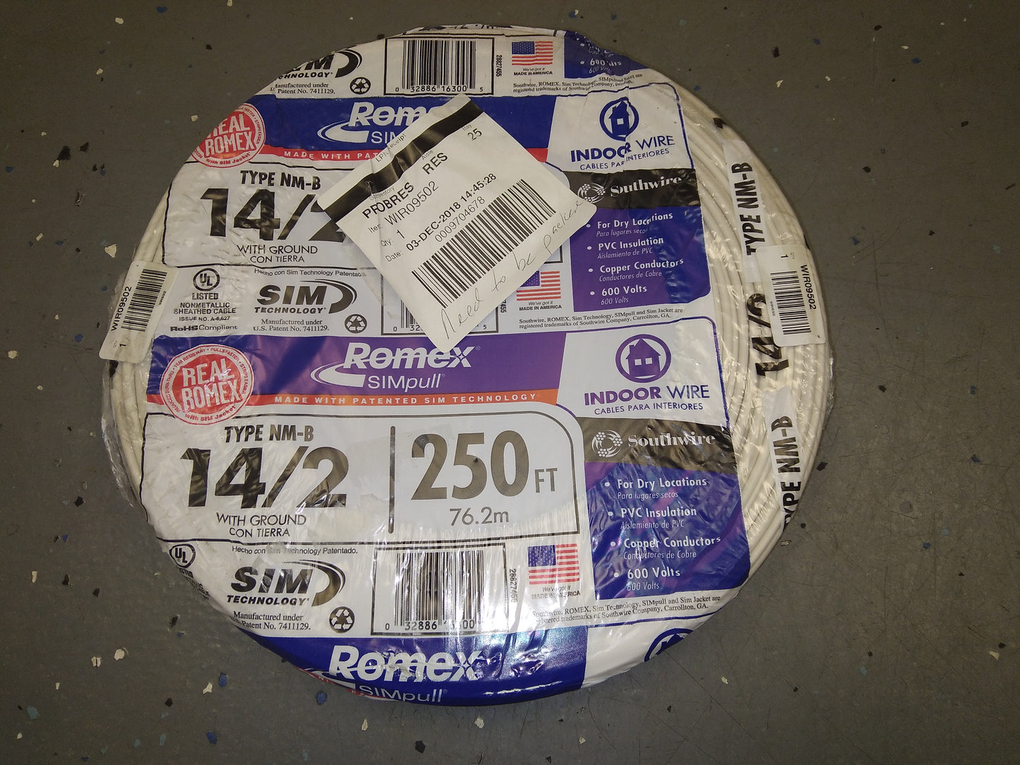 14/2 ROMEX WIRE W/GROUND TYPE NM-B, 250'