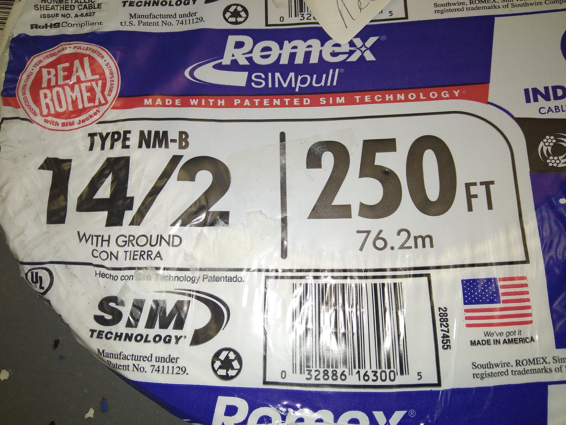 14/2 ROMEX WIRE W/GROUND TYPE NM-B, 250'