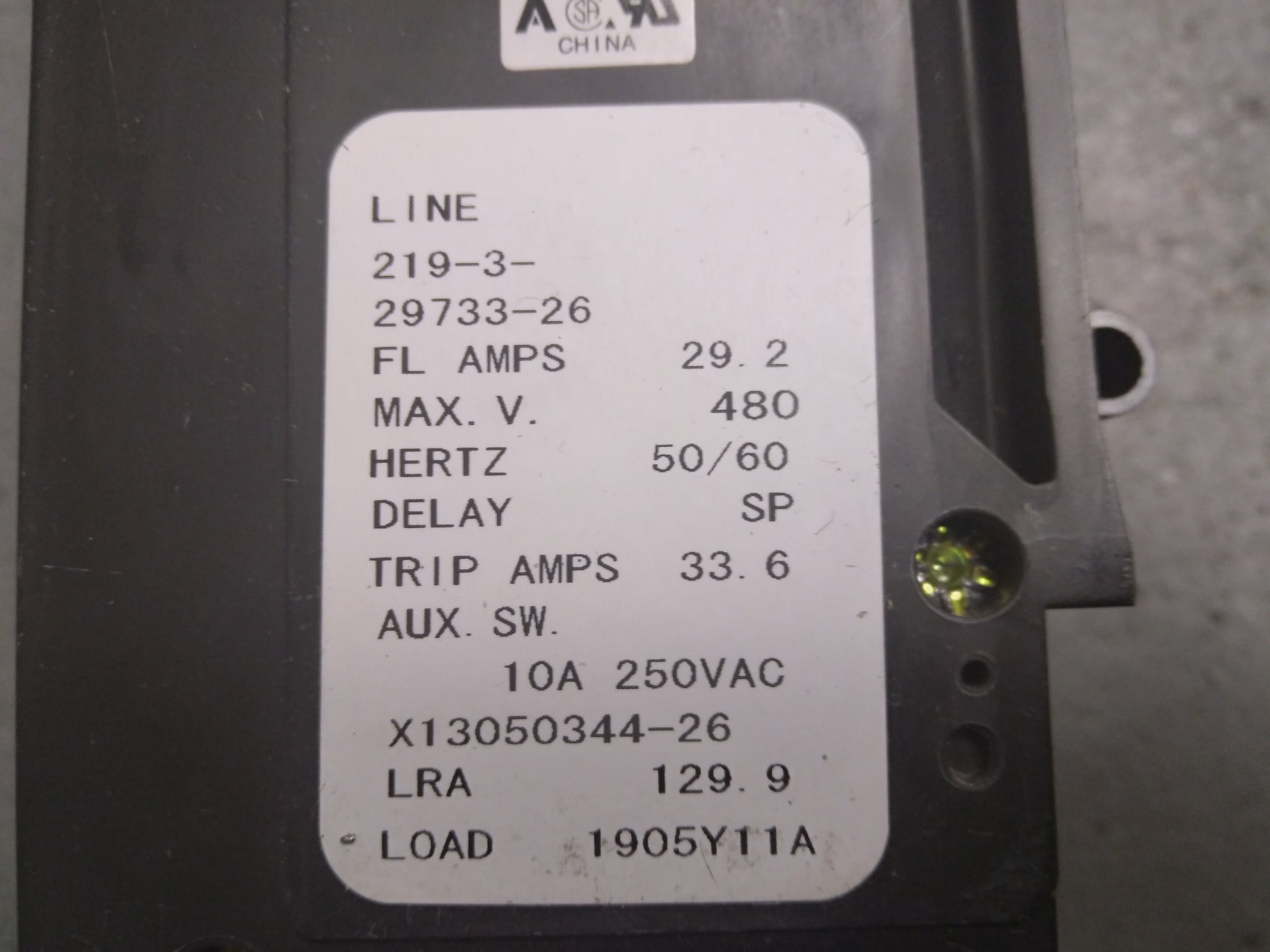 3 POLE  33.6 AMP "219 MULTI-POLE" SERIES HYDRAULIC MAGNETIC CIRCUIT BREAKER PROTECTOR/FOR MANUAL MOTOR CONTROLLER APPLICATIONS 480/50-60/1 OR 3