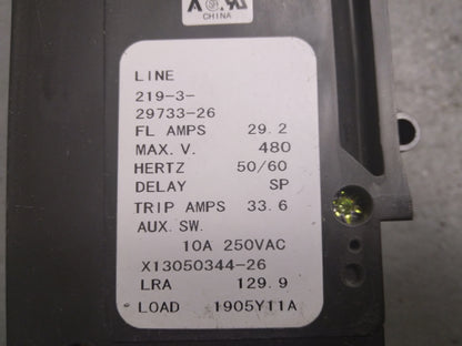 3 POLE  33.6 AMP "219 MULTI-POLE" SERIES HYDRAULIC MAGNETIC CIRCUIT BREAKER PROTECTOR/FOR MANUAL MOTOR CONTROLLER APPLICATIONS 480/50-60/1 OR 3