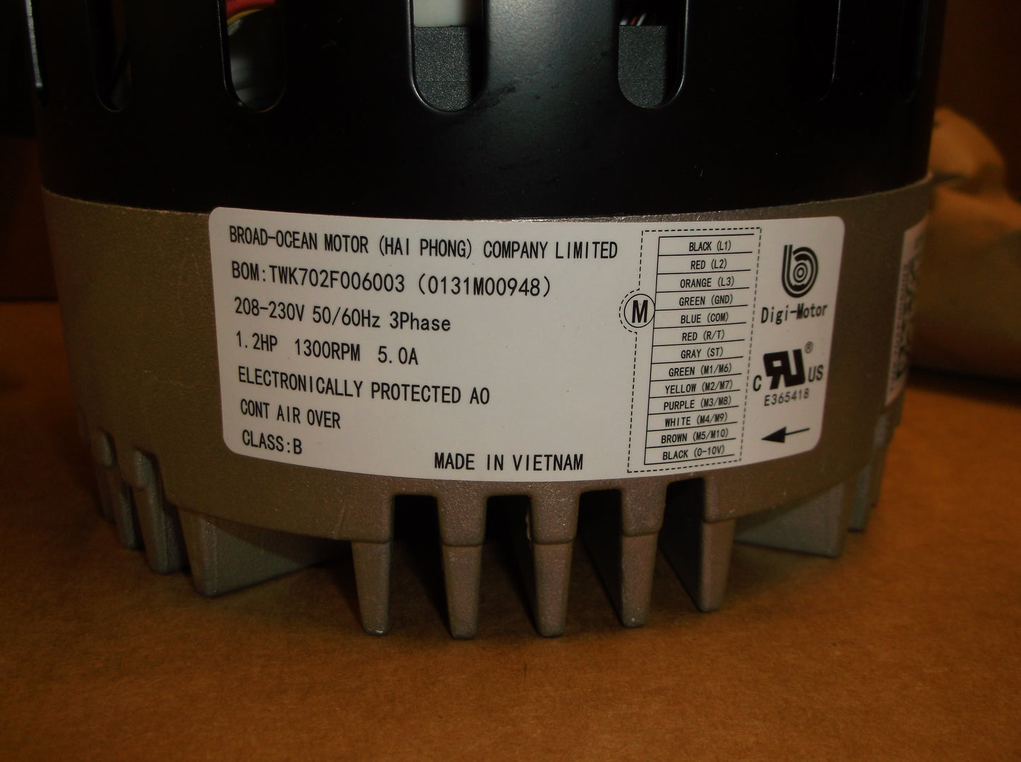 1.2HP ECM Programmed Blower Motor 208-230/50-60/3  RPM:1300/Variable Speed