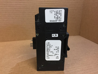 3 POLE 42.61 AMP, HYDRAULIC MAGNETIC CIRCUIT BREAKER PROTECTOR/FOR MANUAL CONTROLLER APPLICATIONS, MAX VOLTS:240, HZ:50/60, IN MFG. BOX, MADE IN MEXICO.