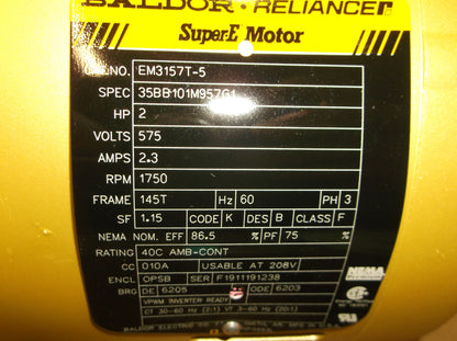 2HP General Purpose Inverter Duty Super-E Motor 575/60/3 RPM:1750/1-Speed