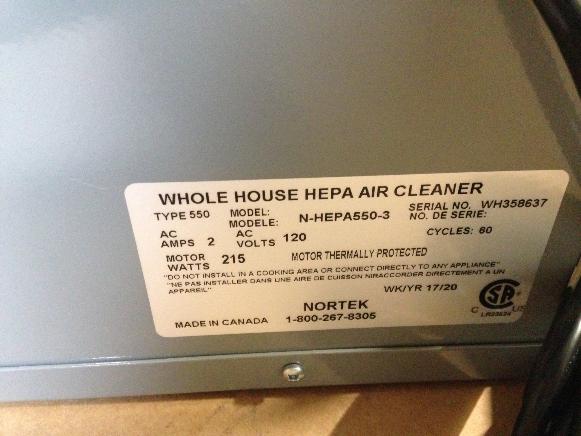 WHOLE HOUSE HEPA AIR CLEANER, 120/60/1, CFM:560