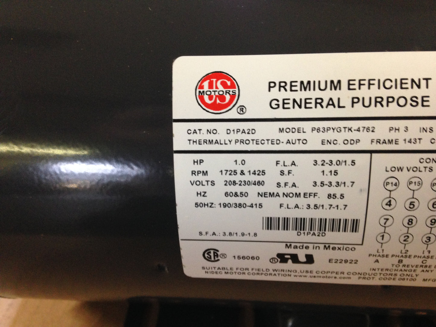 1 HP BLOWER MOTOR, 208-230-460/50-60/3,  RPM  1725-1425