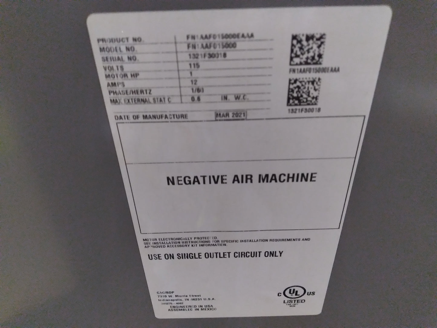 UPFLOW PORTABLE NEGATIVE AIR SCRUBBER, 115/60/1, 1500 CFM