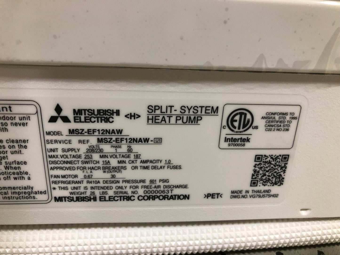 12,000 BTU INDOOR HEAT PUMP MINI SPLIT UNIT, 208-230/60/1 R-410A (INDOOR UNIT ONLY)