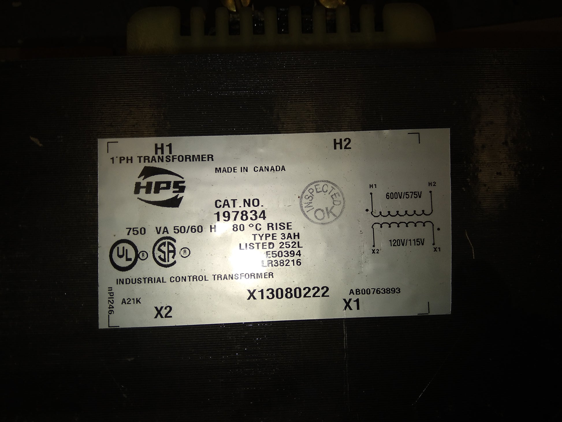 750 VA TRANSFORMER PRIMARY VOLTAGE:600/575 SECONDARY:120/115 50/60 HERTZ PHASE:1