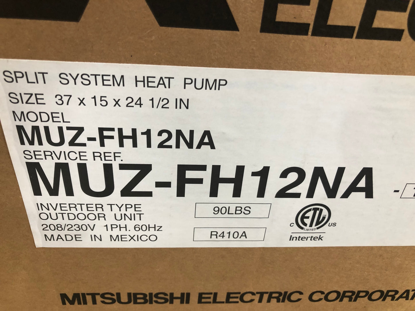 12,000 BTU SINGLE-ZONE OUTDOOR MINI-SPLIT HEAT PUMP, 26 SEER 208-230/60/1 R-410A