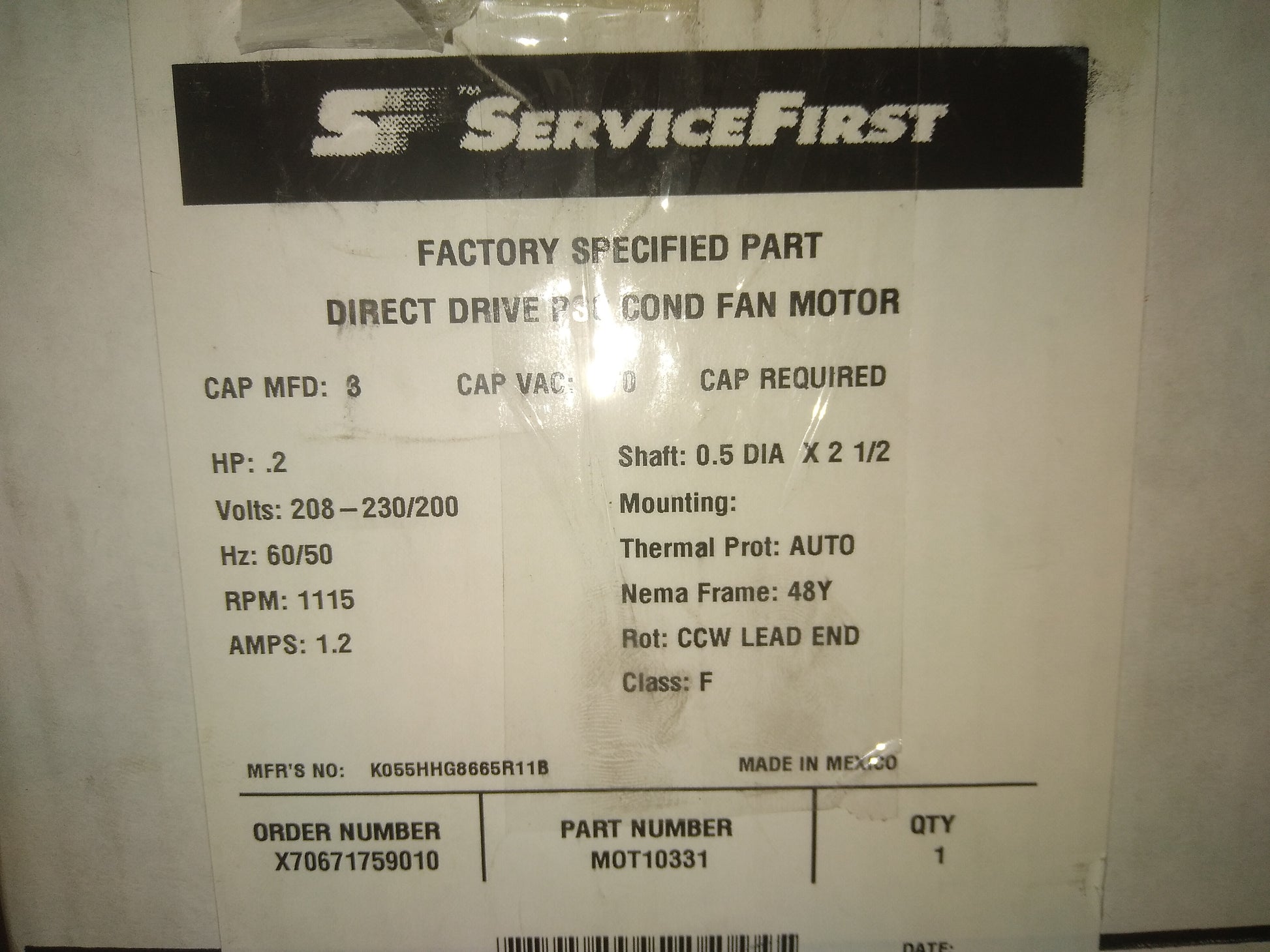 1/5 HP PSC CONDENSER FAN MOTOR 208-230/50-60/1 RPM:1115/1-SPEED CCWLE