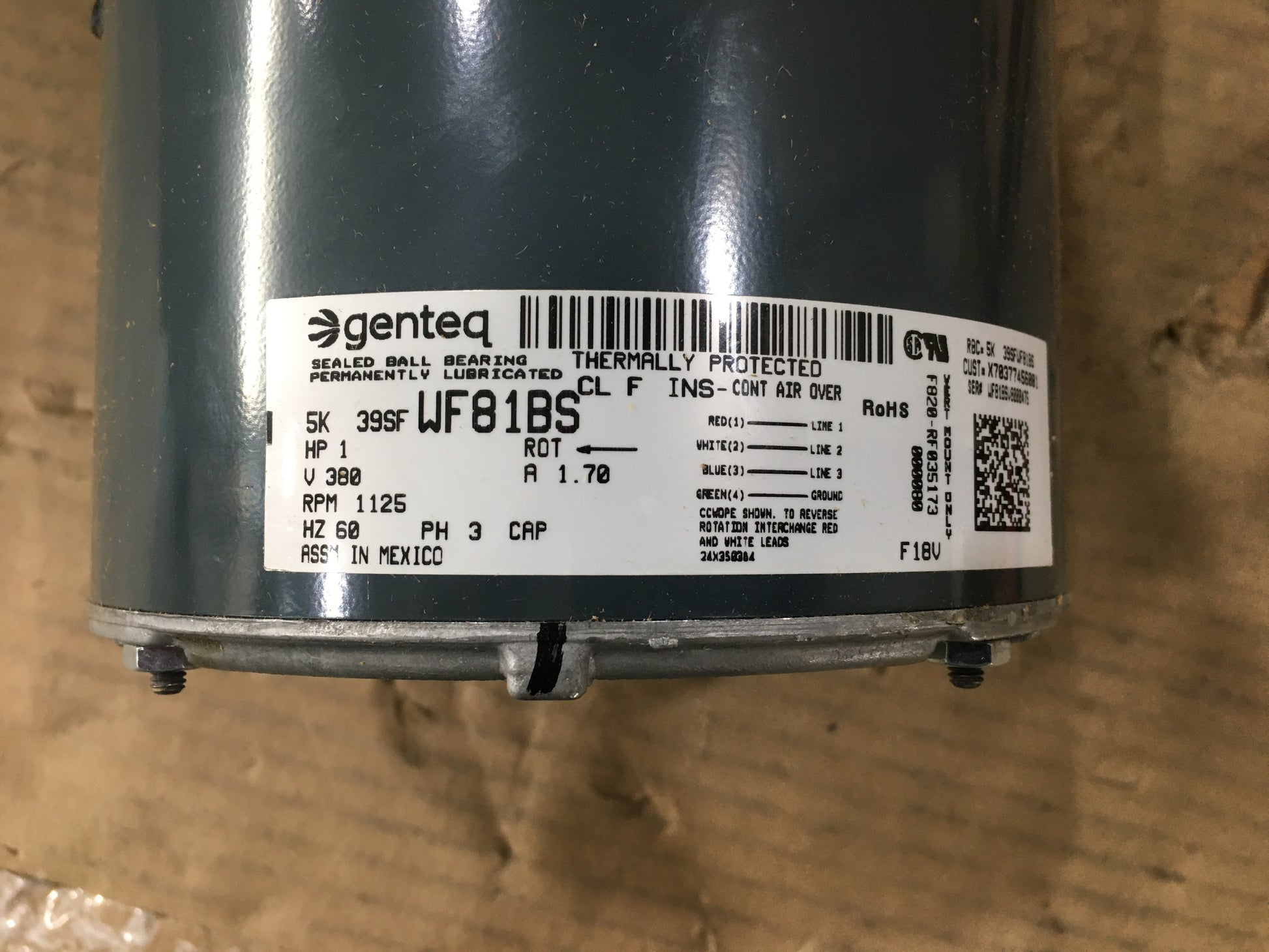 1 HP DIRECT DRIVE BLOWER MOTOR 380/60/3 RPM 1125 1 SPEED