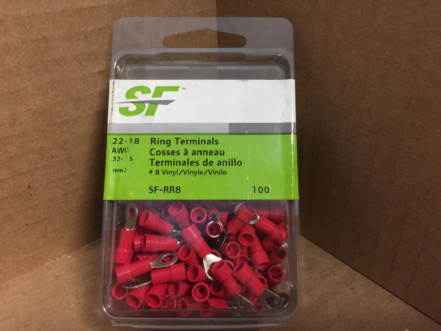 22-18 AWG RING TERMINALS, # 8 STUD, 100PK