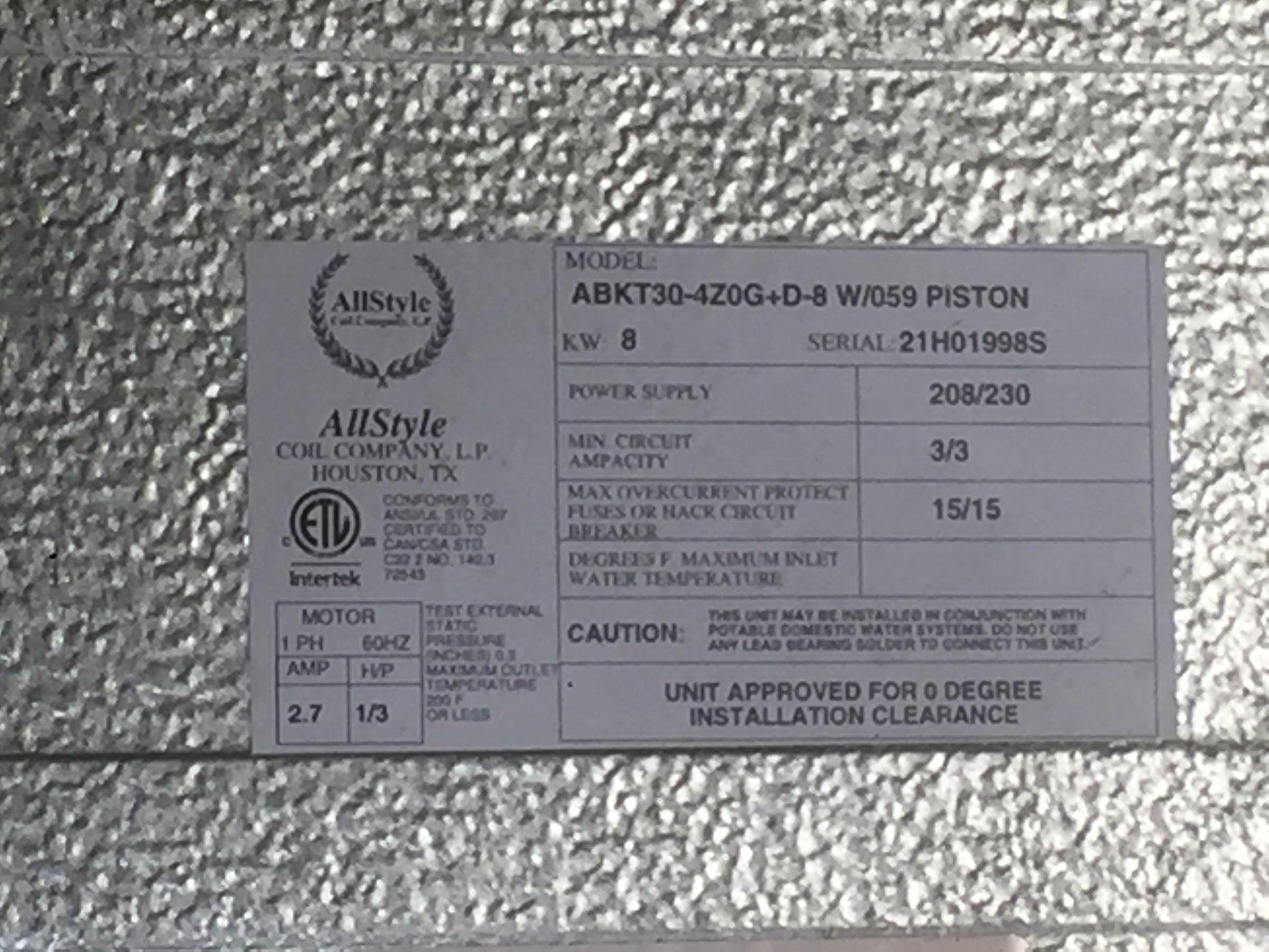 2 1/2 TON AC/HP CEILING MOUNTED VARIABLE SPEED ECM FANCOIL 208-230/60/1 R-410A/R22