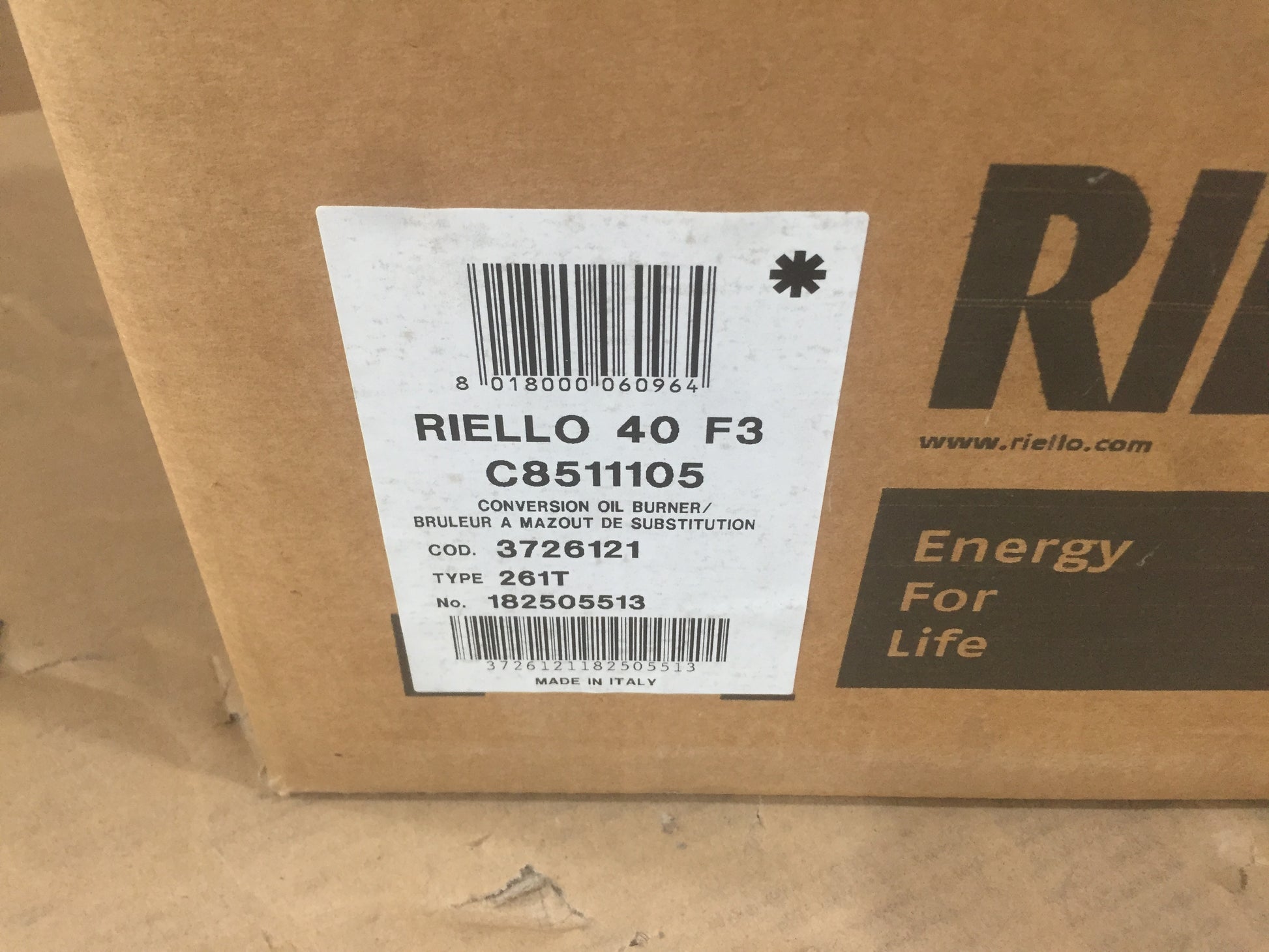 RIELLO 40 SERIES F3 CONVERSION OIL BURNER, LESS BLAST TUBE AND BURNER