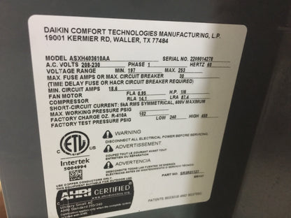 3 TON SPLIT SYSTEM AIR CONDITIONER, 208-230/60/1, R-410A, 14 SEER