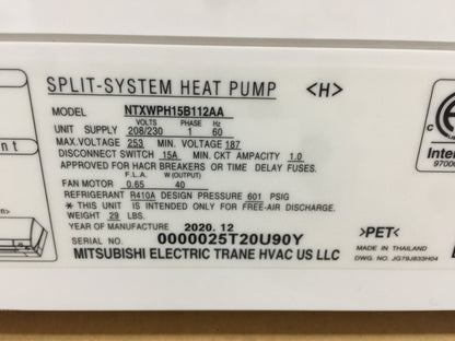 14,000 BTU SINGLE ZONE HIGH-WALL INVERTER-DRIVEN INDOOR HEAT PUMP MINI SPLIT UNIT, 208-230/60/1, R-410A, 22 SEER