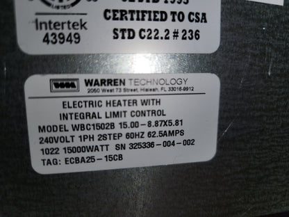 15KW 240V 1 PH 62.5AMPS HEAT KIT