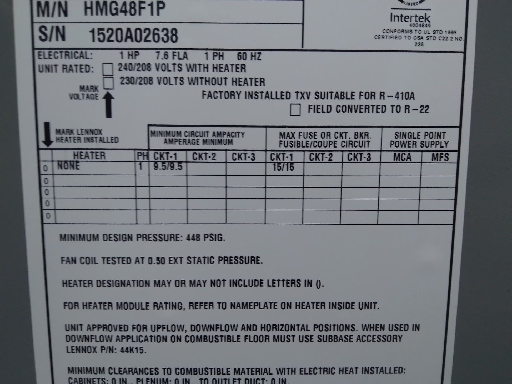 4 TON AC/HP UPFLOW FAN COIL 208-230/60/1 R410A CFM:1600 13 SEER 