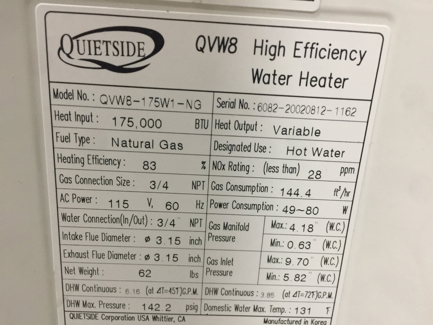 175,000 BTU INPUT NATURAL GAS HIGH EFFICIENCY WATER HEATER W/ SCF-8 VENT KIT; 115V, 60HZ