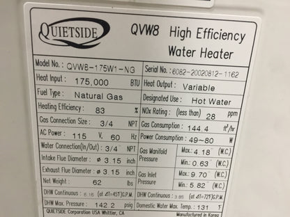 175,000 BTU INPUT NATURAL GAS HIGH EFFICIENCY WATER HEATER W/ SCF-8 VENT KIT; 115V, 60HZ