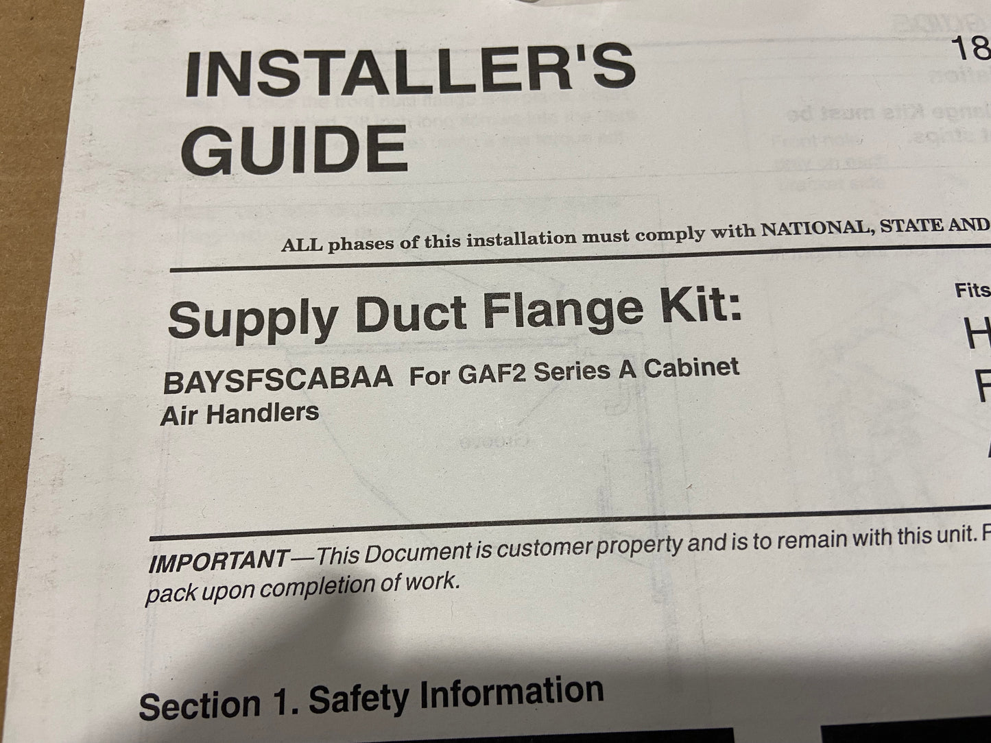 SUPPLY DUCT FLANGE KIT FOR GAF2 SERIES A CABINET AIR HANDLERS